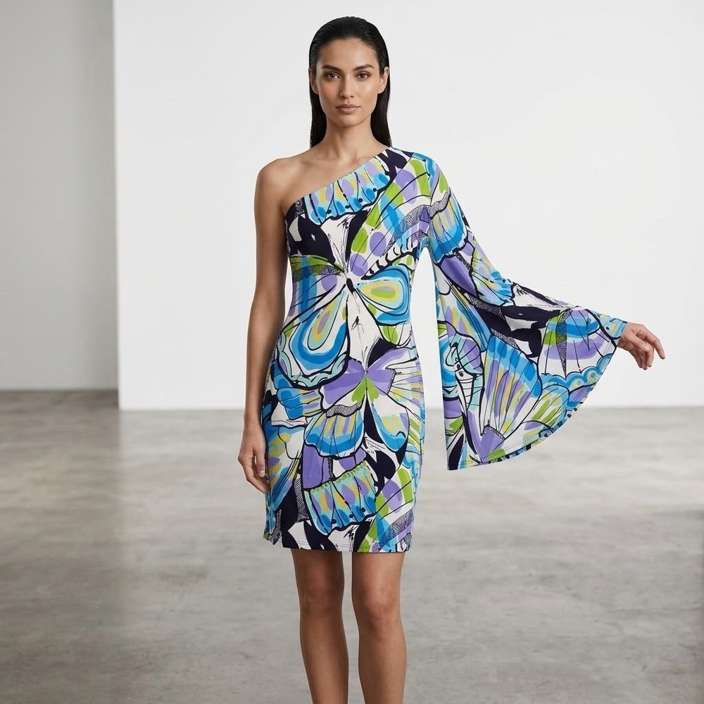 Joseph Ribkoff NWT One Shoulder Dress 12 Butterfly Design Groovy Retro
